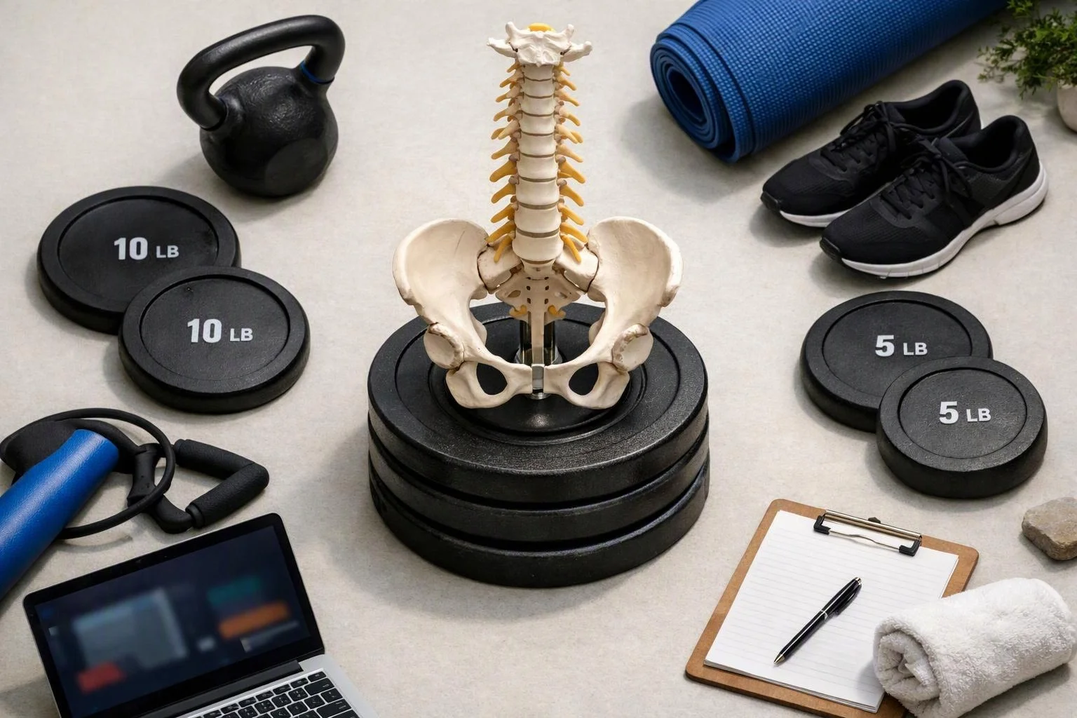 Fitness gear surrounds a spine model on stacked weight plates, with dumbbells, shoes, a yoga mat, a laptop