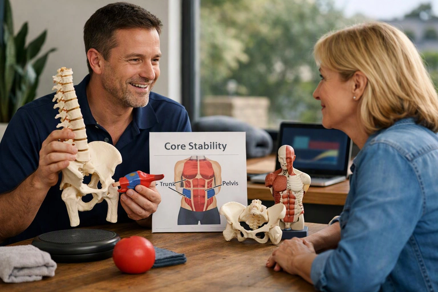 A man shows spine and pelvis models to a woman beside a core stability chart in an office setting