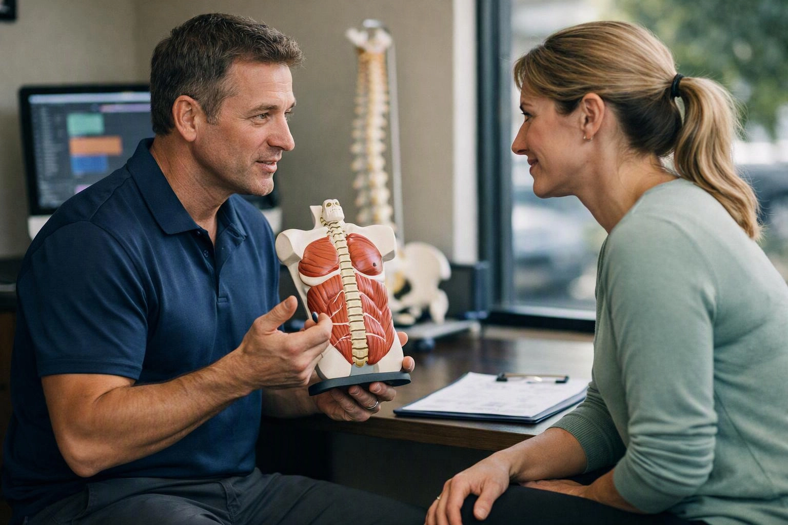 A man shows a woman a torso muscle model while they talk in a bright clinic room