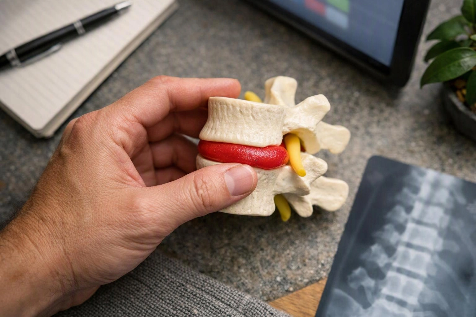 A hand holds a spine model with a red disc, beside a notebook, pen, tablet, and X-ray image