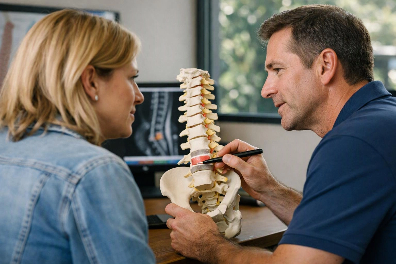 A doctor points at a spine model while speaking to a woman in a bright exam room