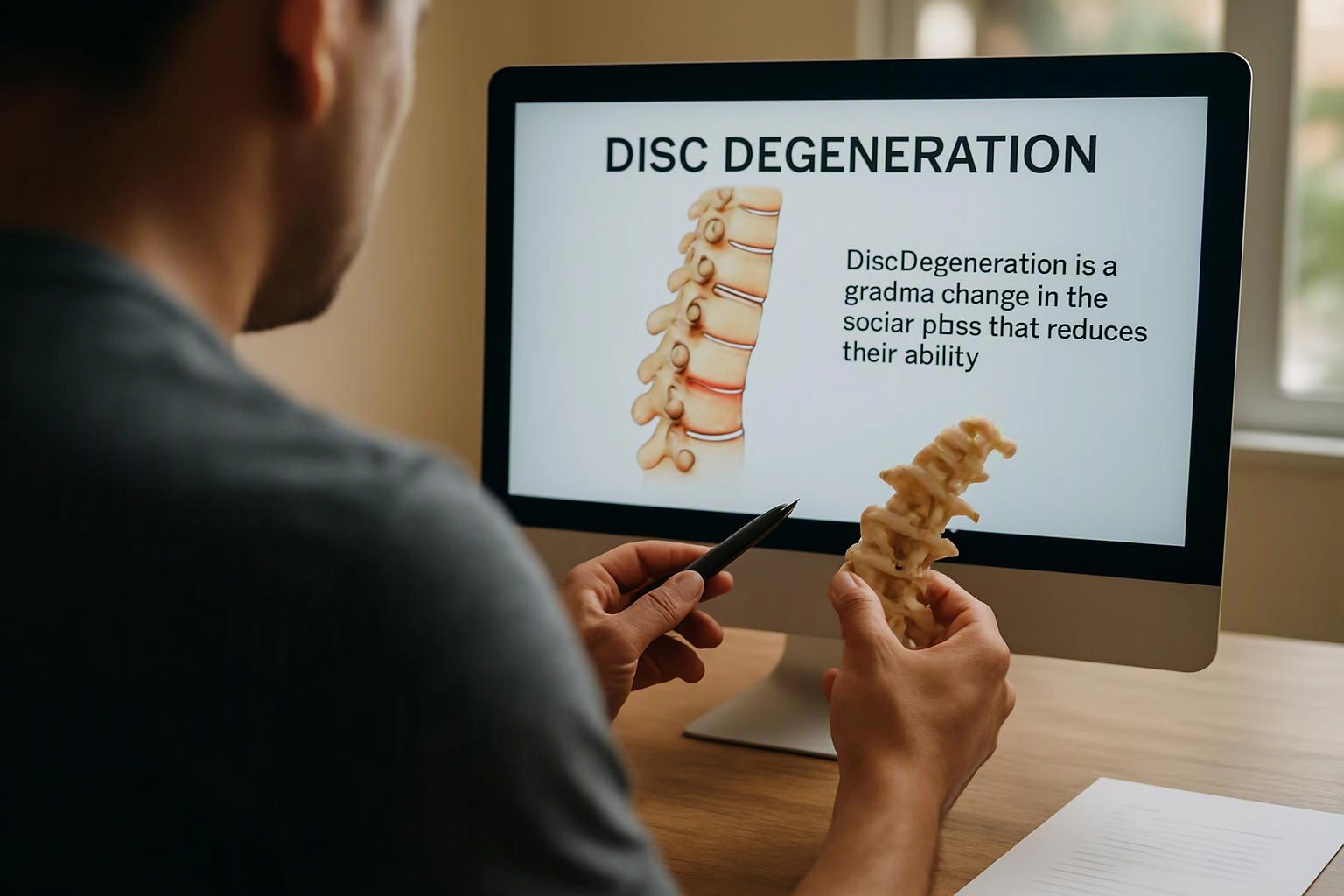 A person studies a spine model beside a computer showing a disc degeneration slide in a bright room