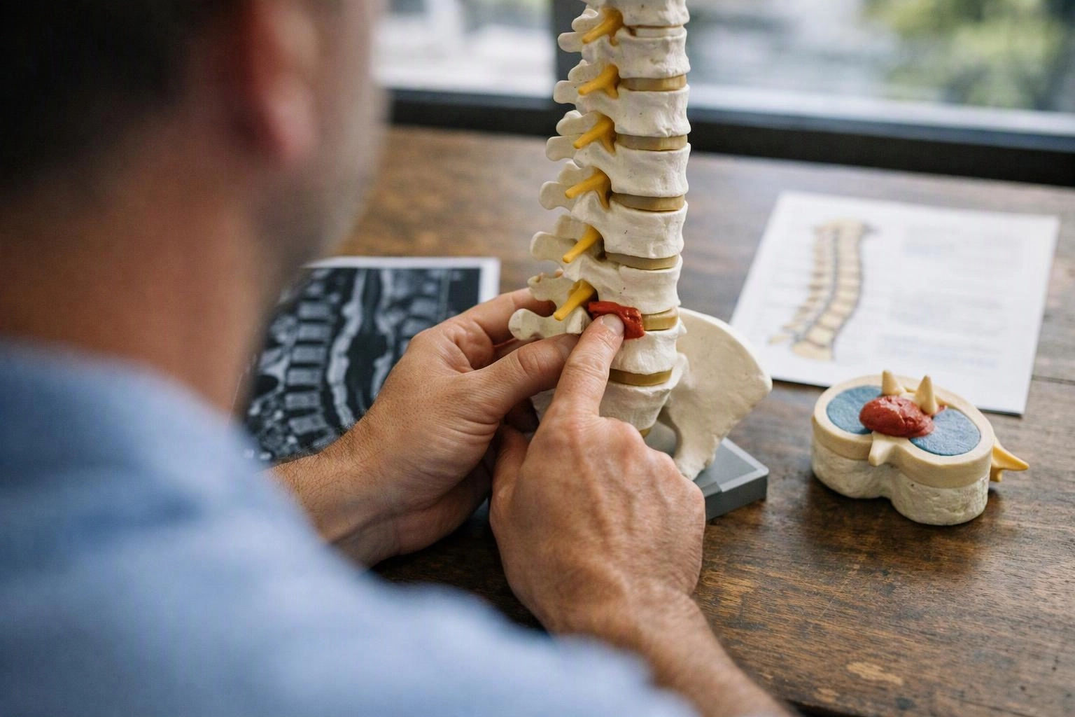 A person studies a spine model at a wooden table, pointing to a red disc in a bright room