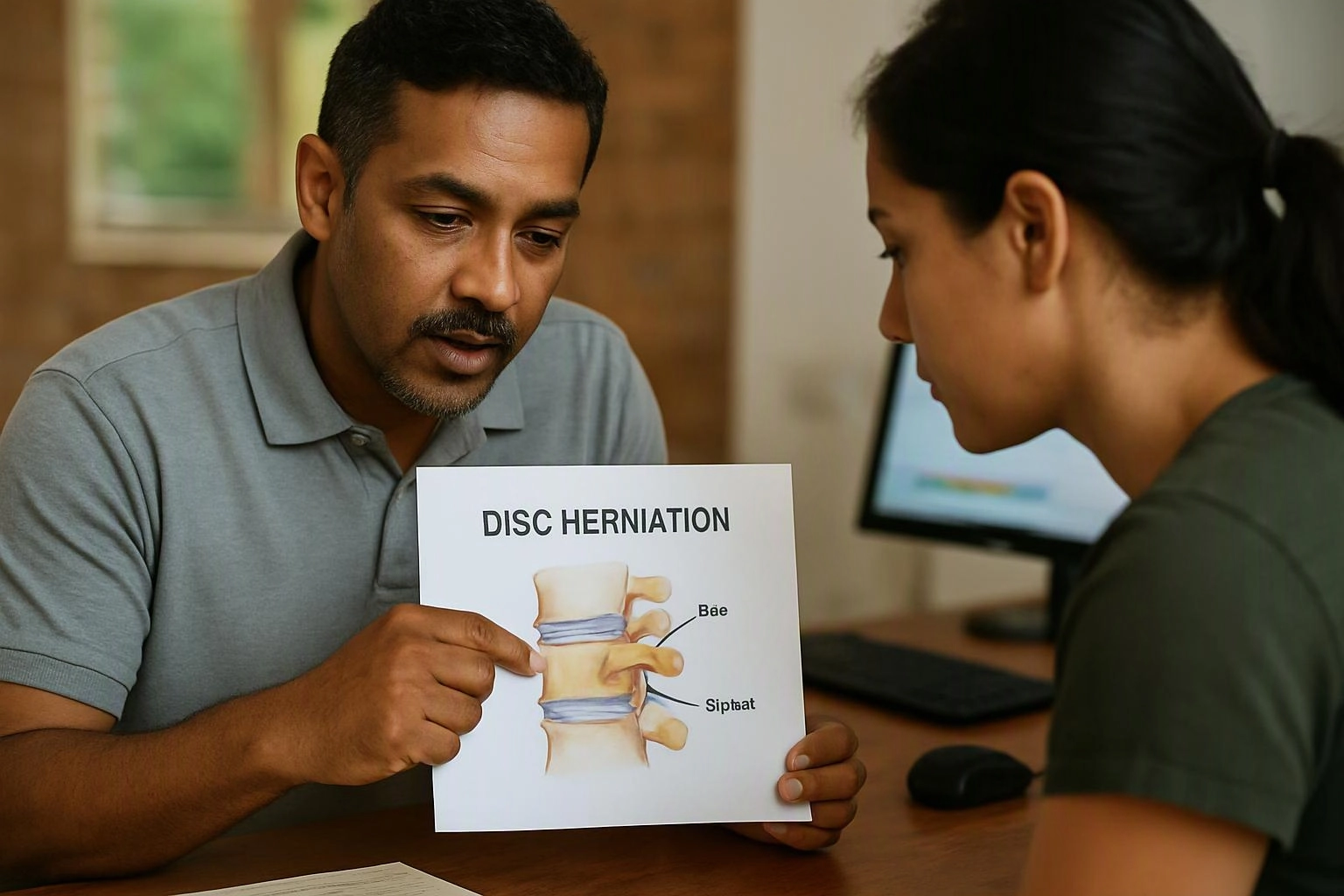 A man points to a disc herniation diagram while speaking with a woman at a desk in a clinic room