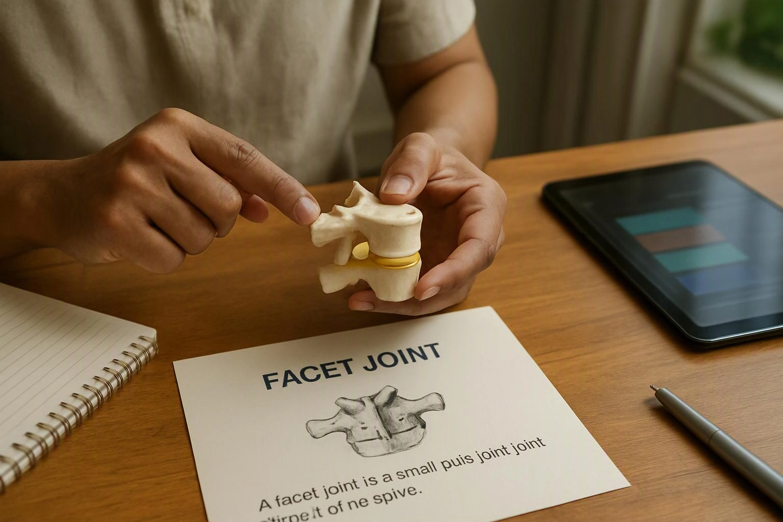 A person points to a spine model beside a card labeled “FACET JOINT” on a wooden desk