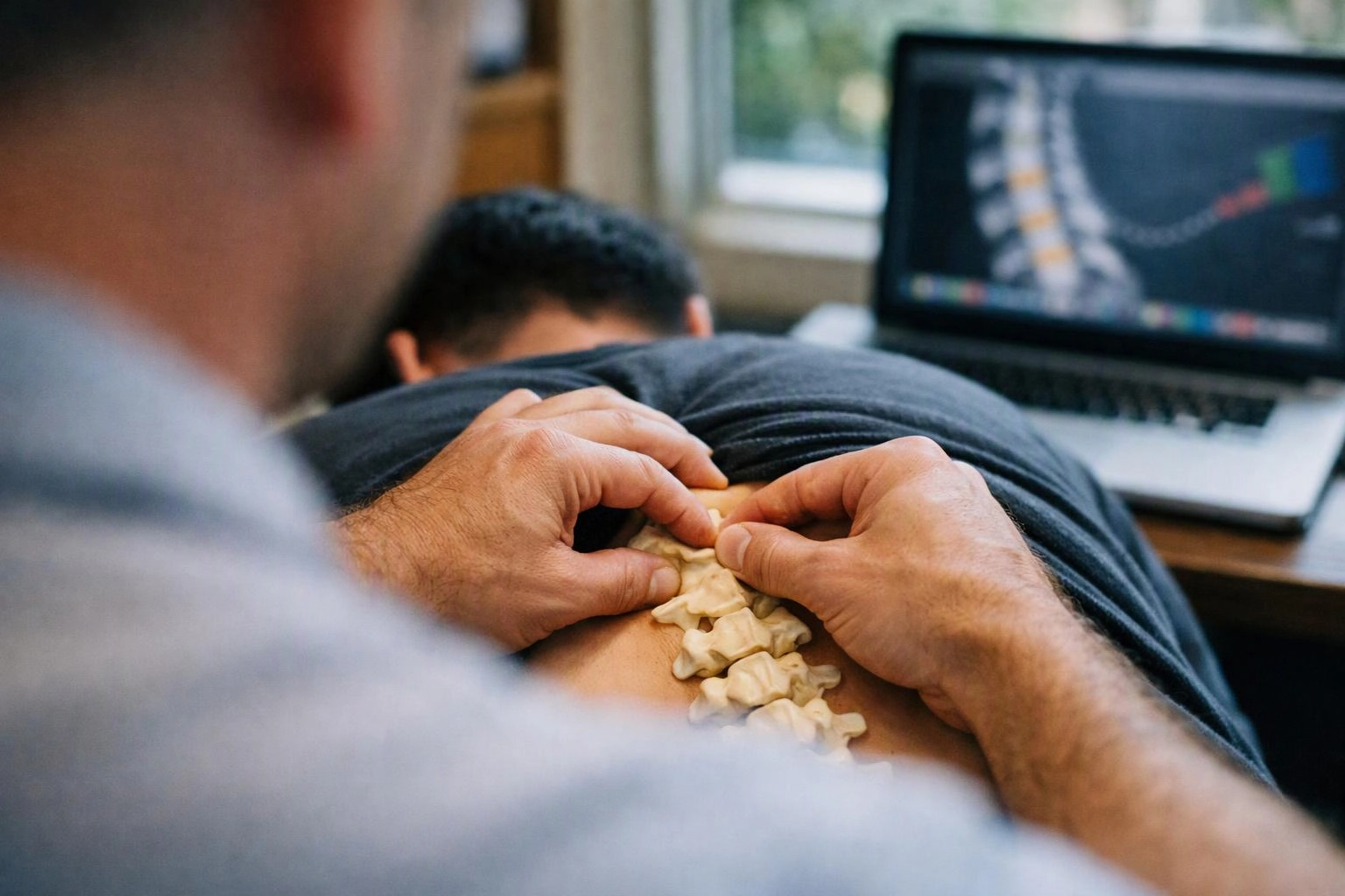 A chiropractor adjusts a patient’s lower back while a laptop sits open nearby