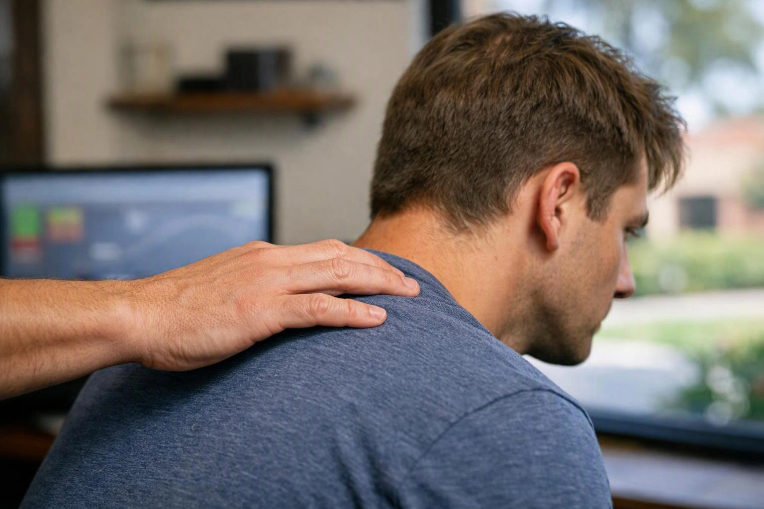 A hand rests on a seated man's shoulder in a bright room with a blurred computer monitor and window behind him