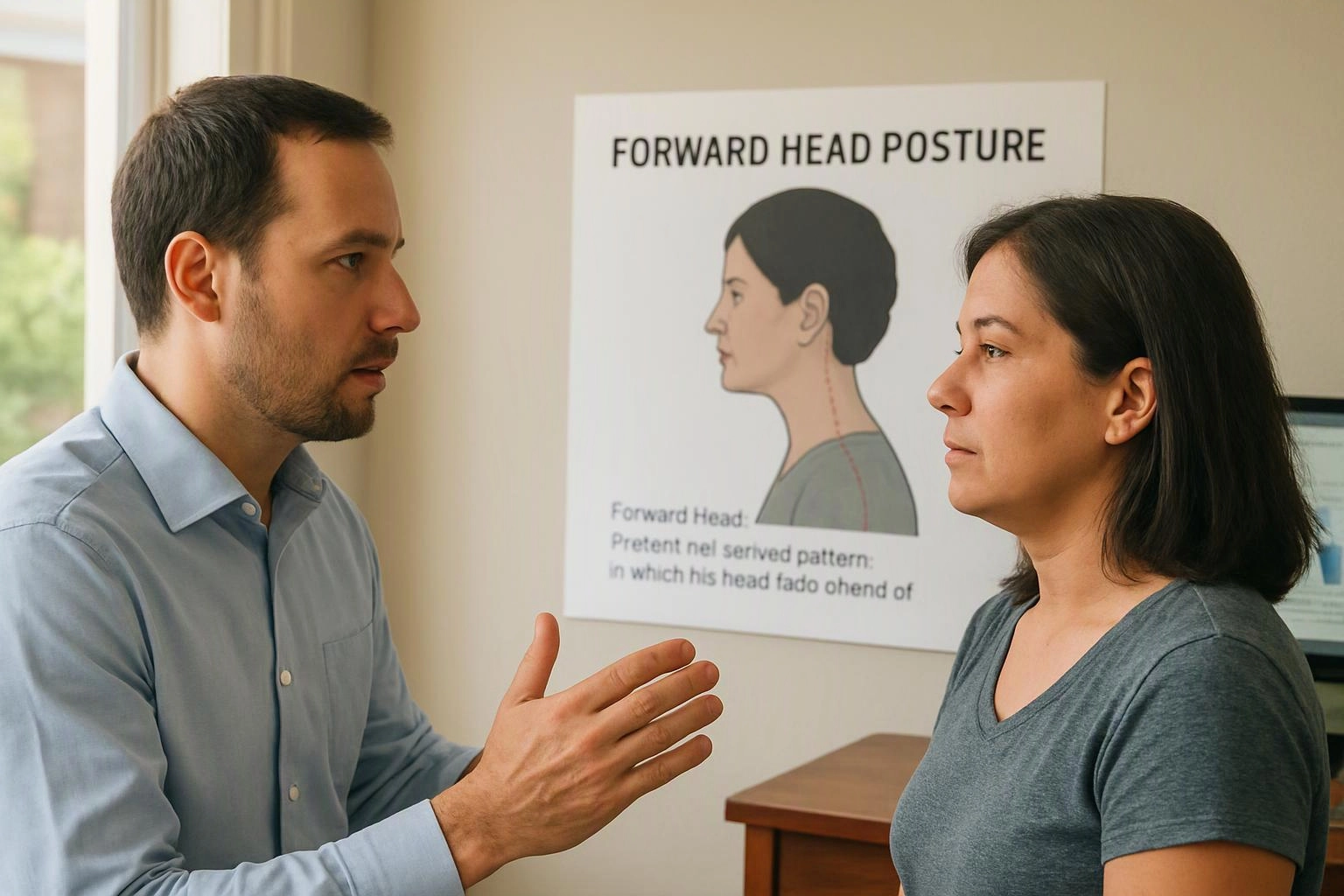 A man gestures while talking to a woman beside a posture chart in a clinic room
