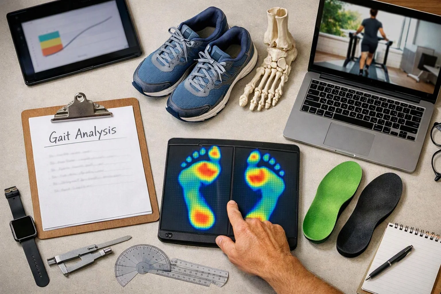 A tabletop displays gait analysis tools, running shoes, foot scans, orthotic insoles, and exercise devices