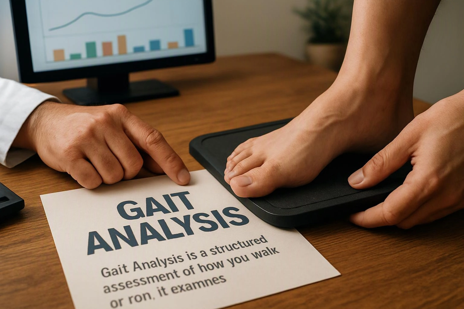 A clinician points at a gait analysis sheet while a foot rests on a balance pad at a desk
