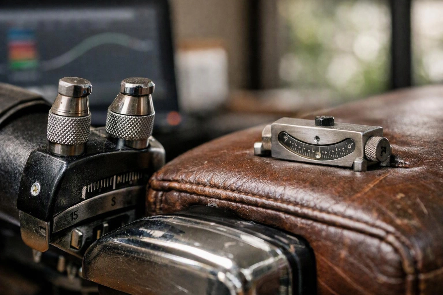 Close-up of a leather device with metal dials and a small gauge, sitting on a desk with a blurred monitor behind it