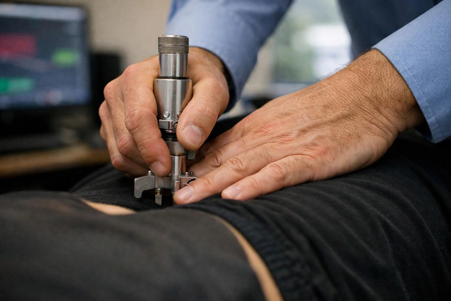 Close-up of hands using a metal spinal adjustment tool on a person’s lower back in an office