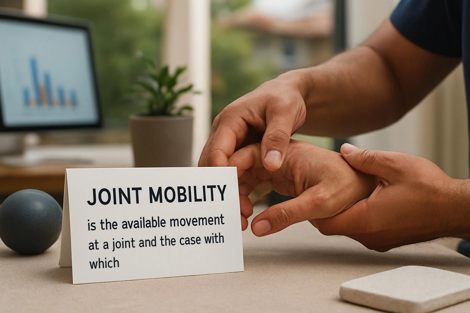 Hands gently bend a finger beside a card reading "JOINT MOBILITY" on a table