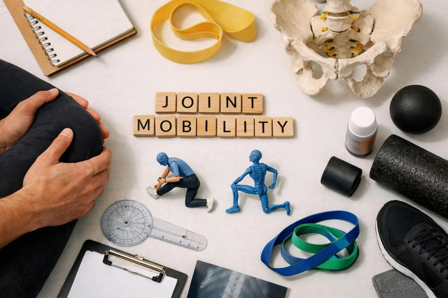 Hands hold a bent knee beside joint mobility blocks, exercise tools, foam rollers, and anatomy models on a white table