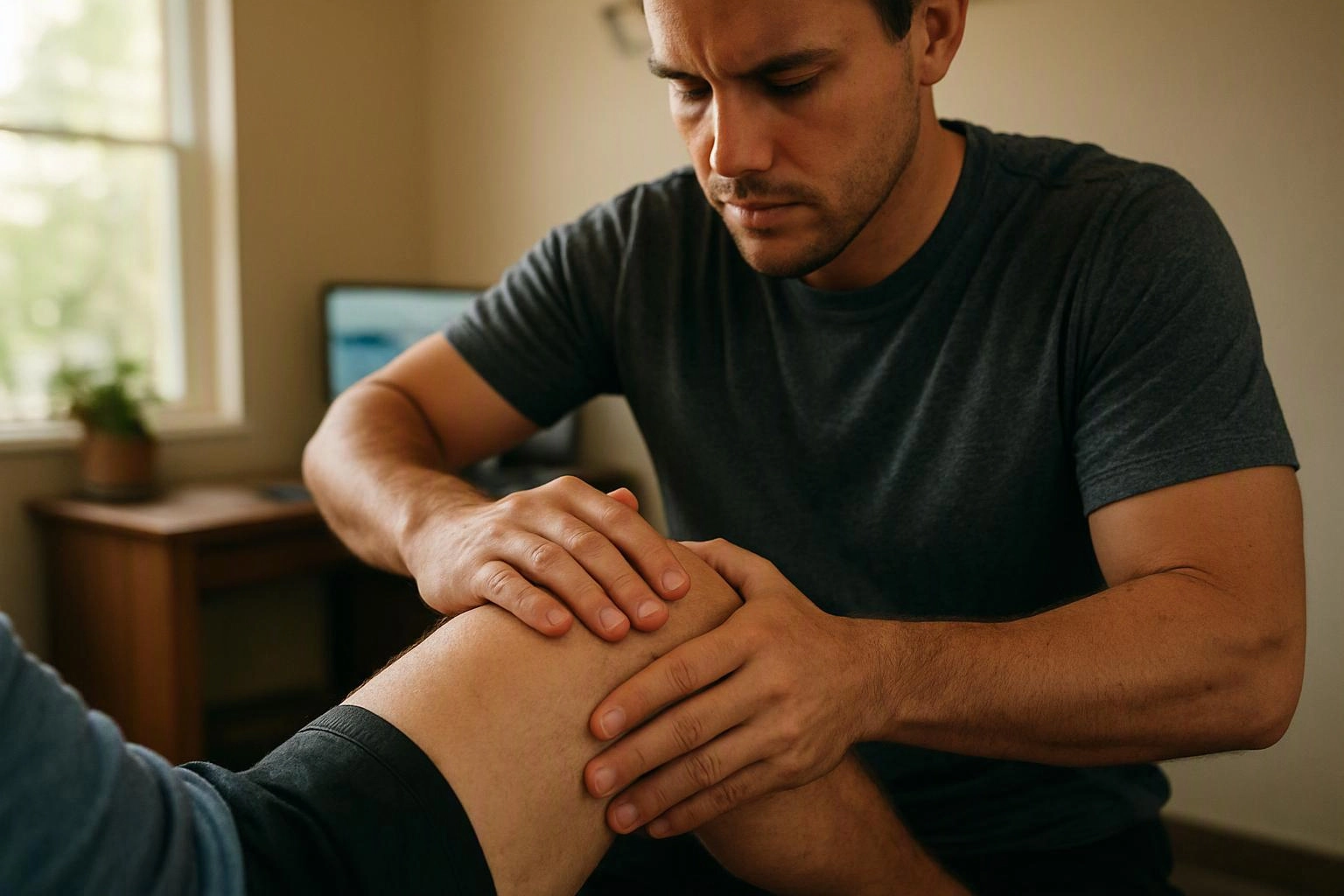 A man gently holds and presses another person’s bent knee in a quiet room