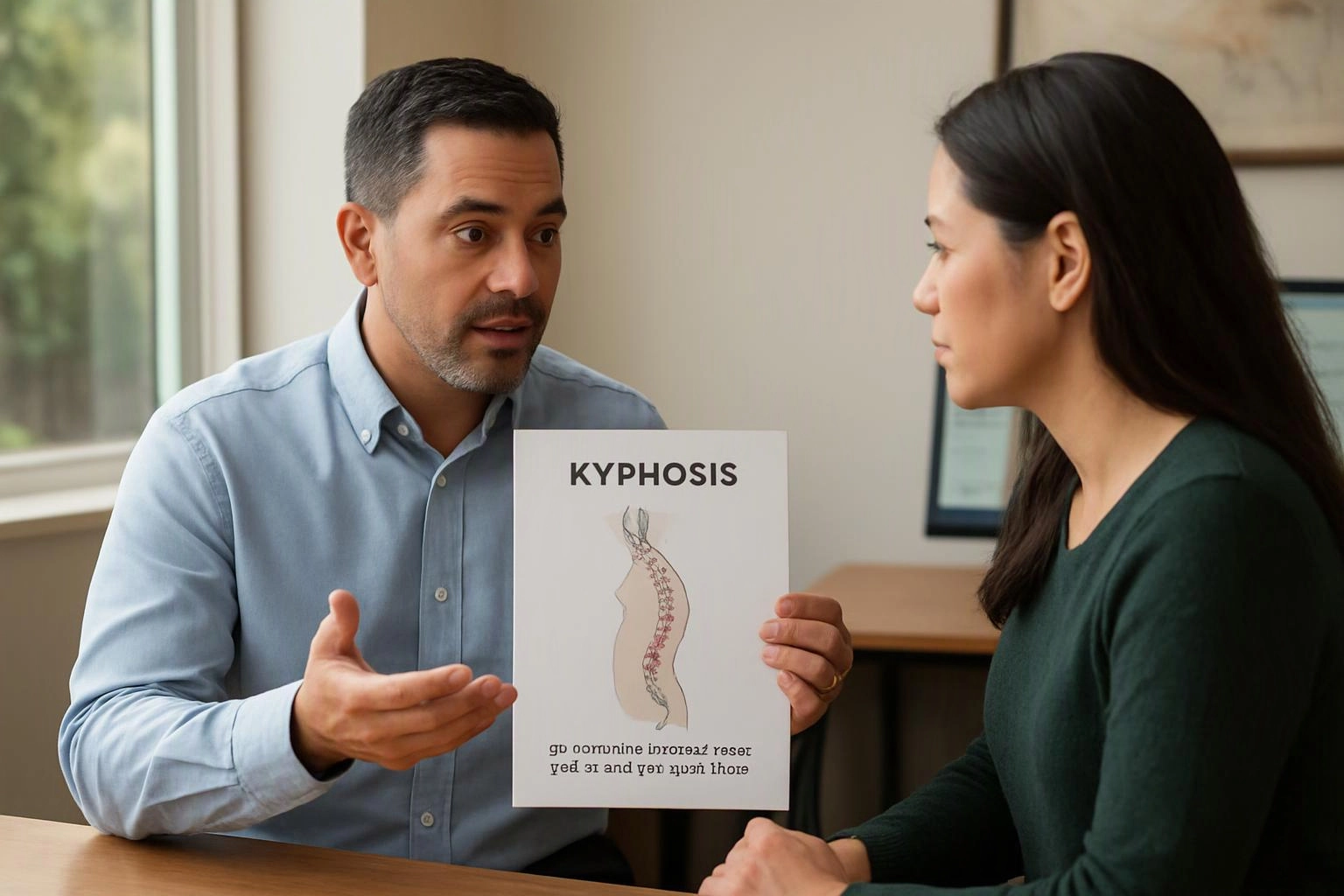 A man shows a kyphosis diagram to a woman in a small office room