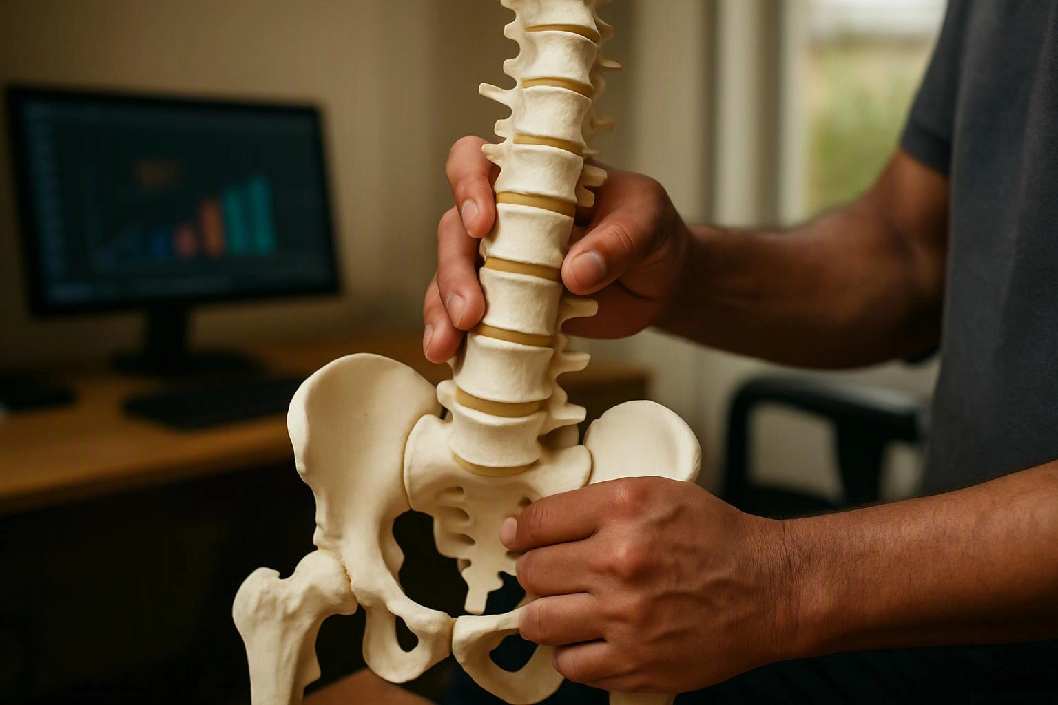 Hands hold a plastic spine and pelvis model in a home office with a blurred computer screen behind it