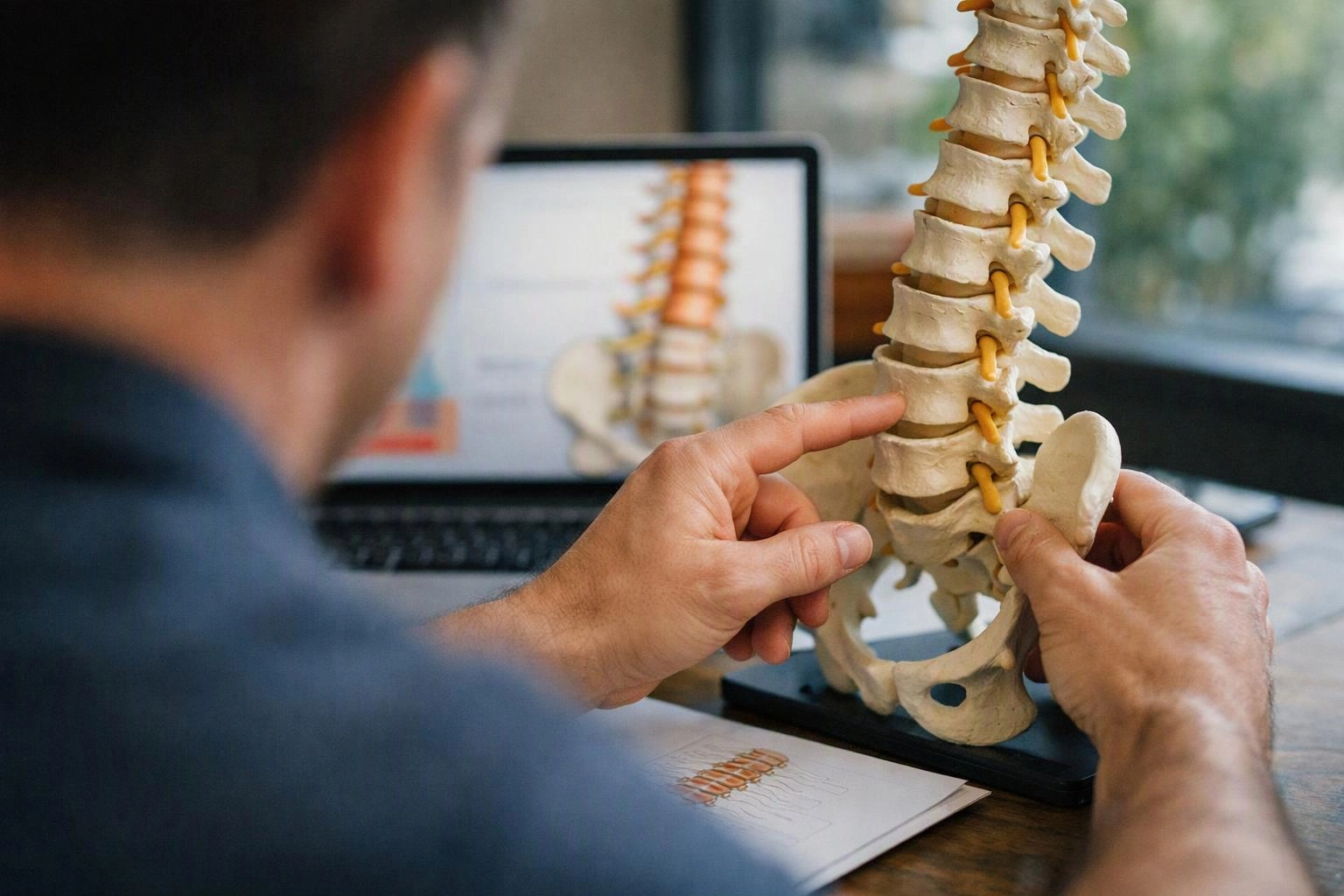 A person points at a plastic spine model on a desk beside a laptop showing a back diagram