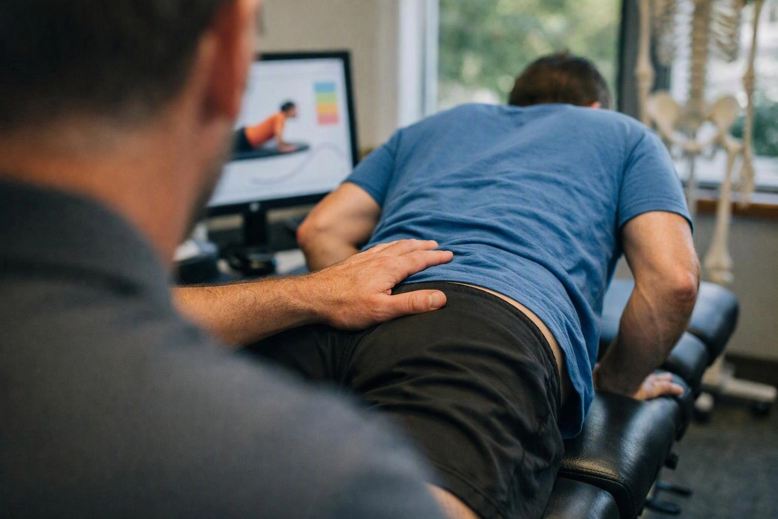 A therapist presses on a man lying face down on a treatment table in a bright clinic room
