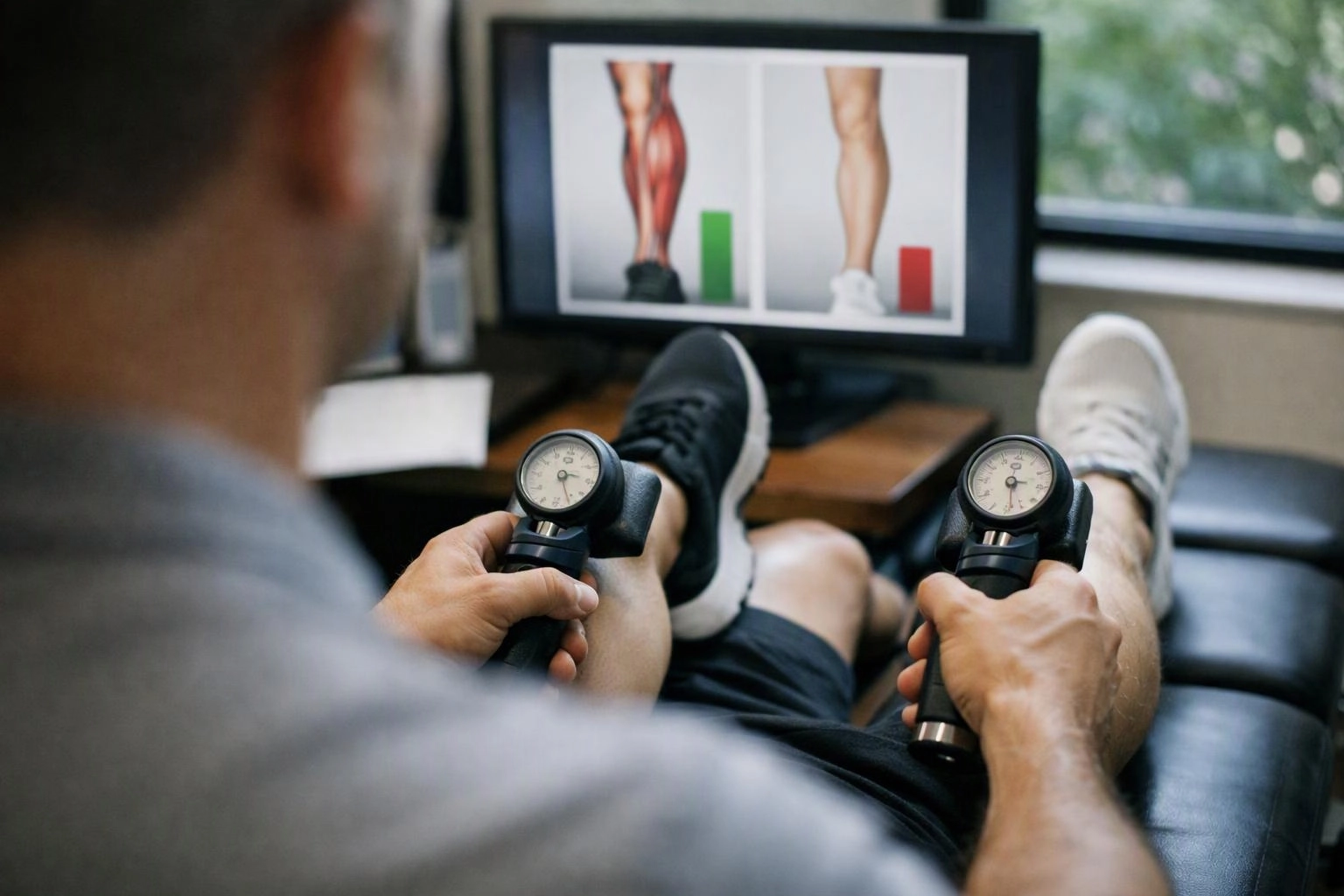 A man reclines in a clinic chair while holding two pressure gauges on his legs and watching a monitor with leg images