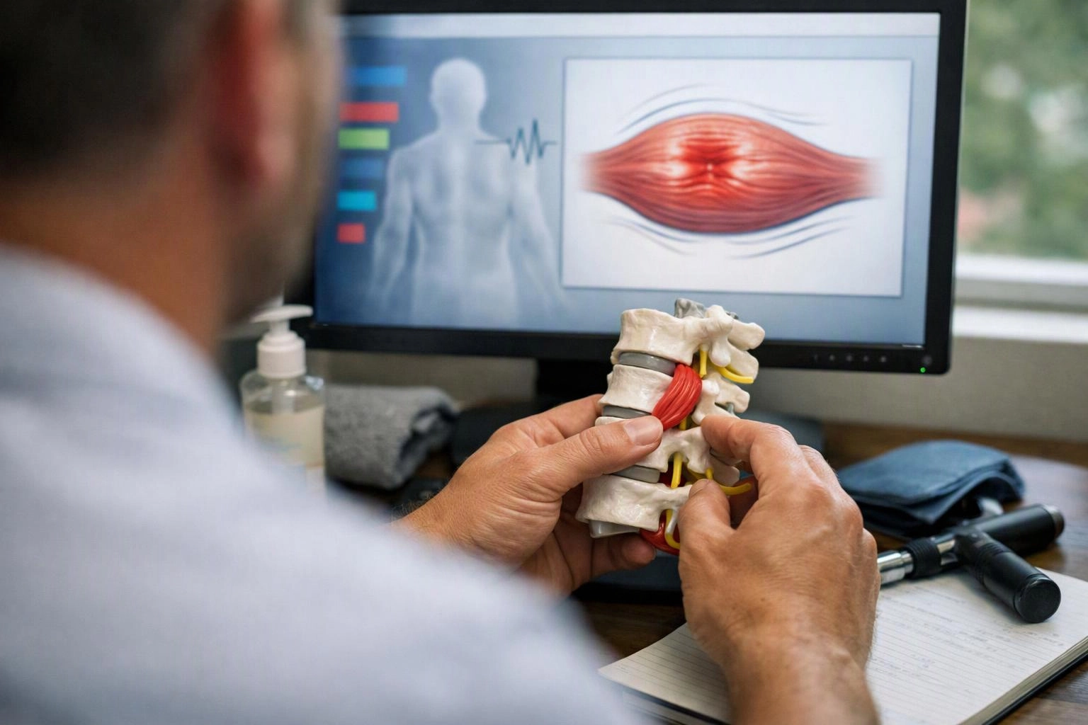A person studies a spine model at a desk while a monitor displays a muscle diagram