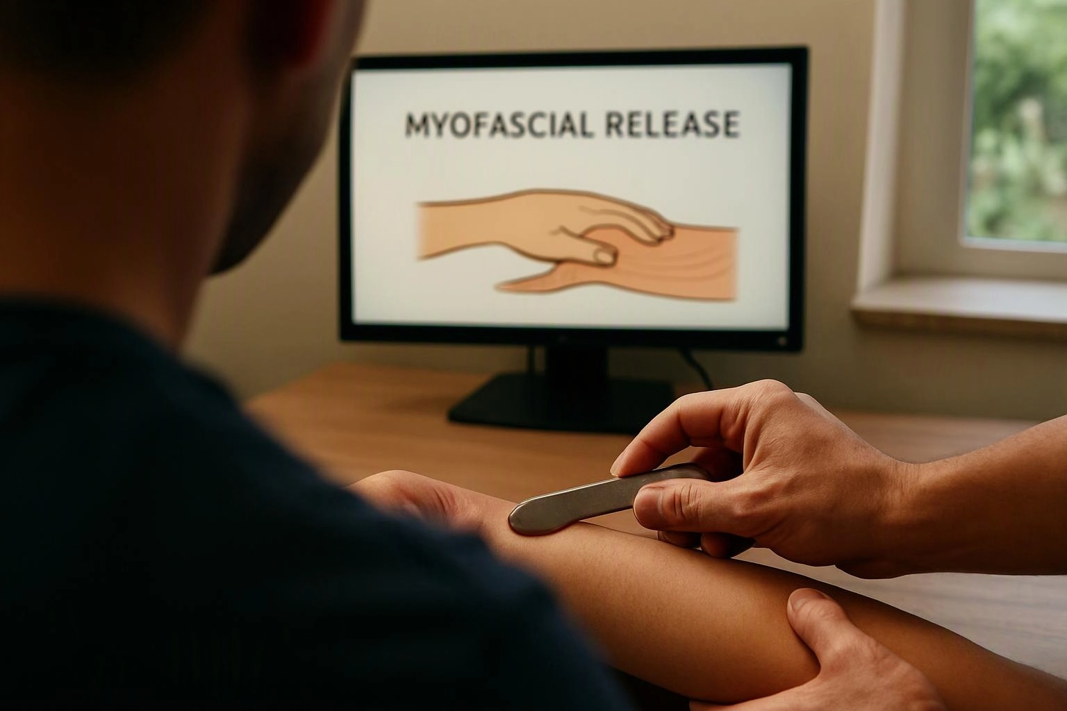 A person uses a metal massage tool on an arm while a monitor shows “MYOFASCIAL RELEASE”