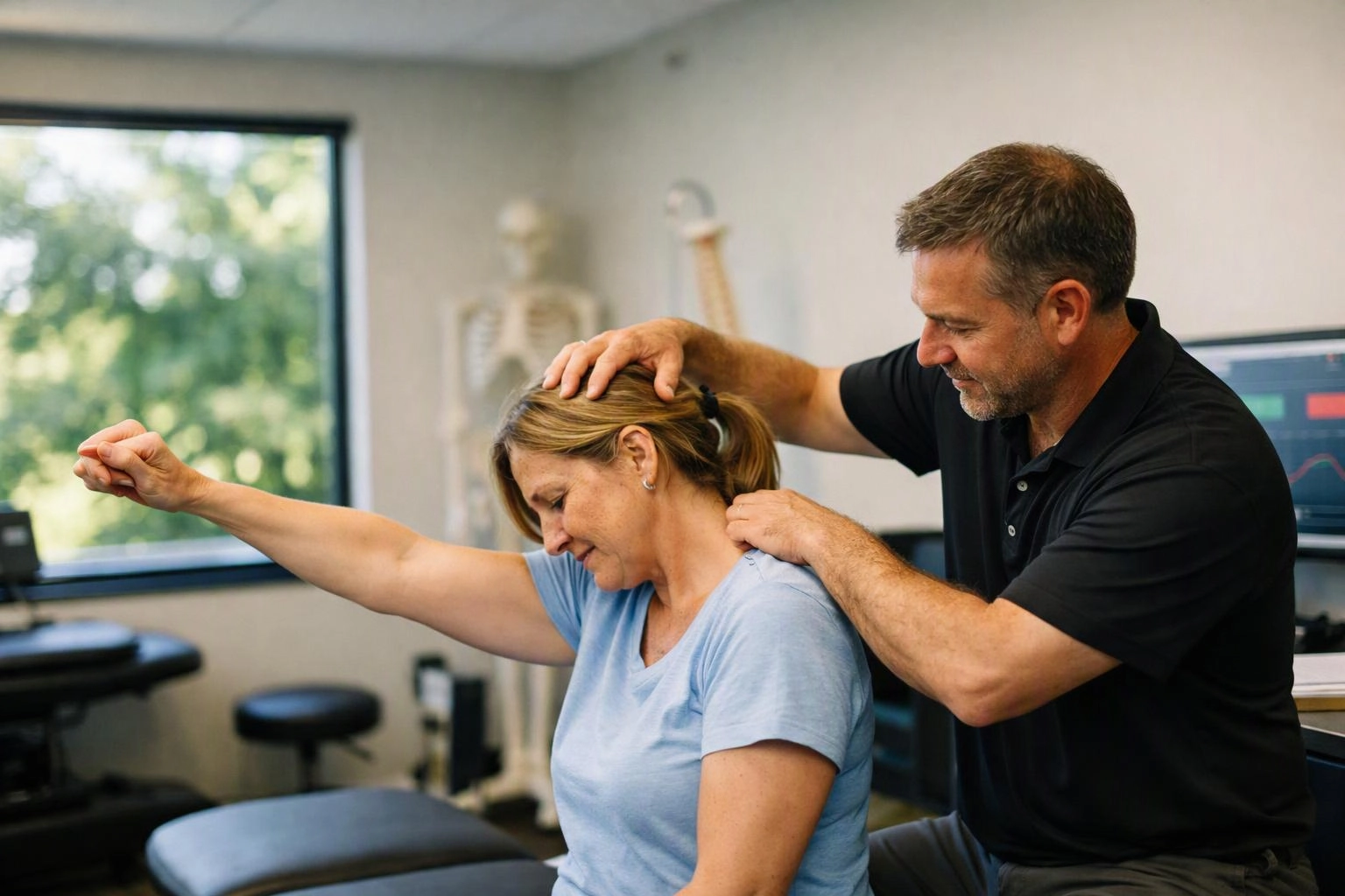 A therapist gently adjusts a seated woman's head and shoulder as she reaches her arm out in a clinic room