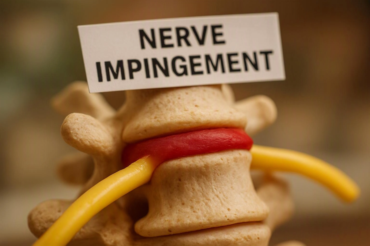 A spine model shows a red pinched nerve with a sign reading “NERVE IMPINGEMENT”