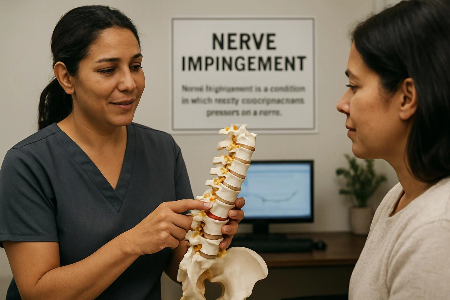 A clinician points to a spine model while speaking with a woman in a medical office