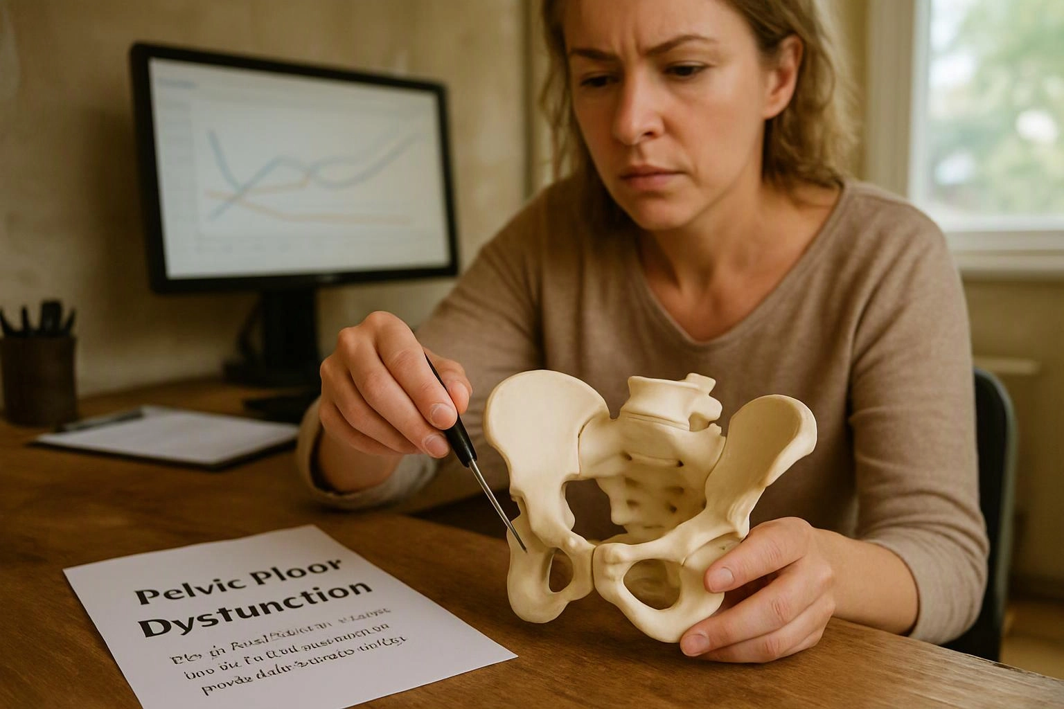 A woman studies a pelvis model with a pointer beside a desk paper titled "Pelvic Floor Dysfunction"
