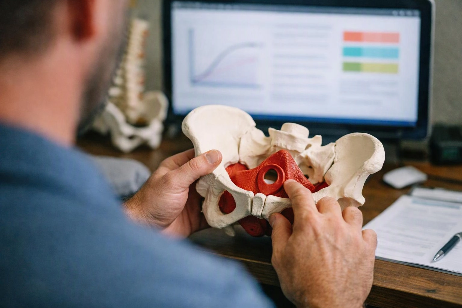 A person examines a pelvis model at a desk with a computer screen showing charts in the background