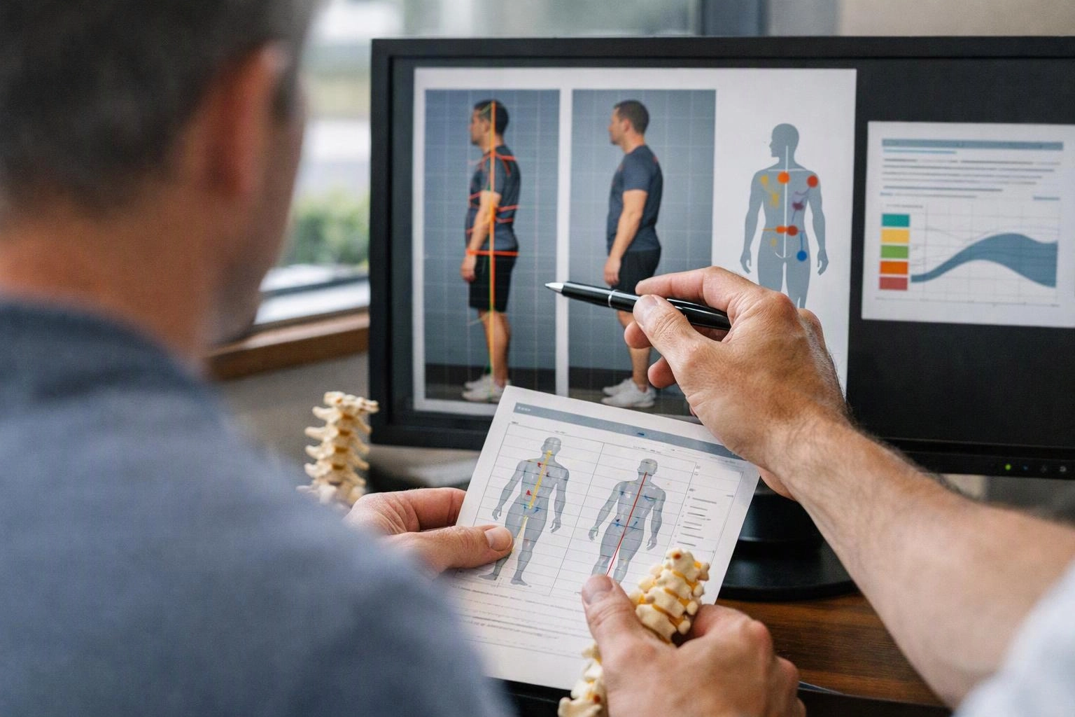 A person points at posture screens while another holds a body chart in a clinical office
