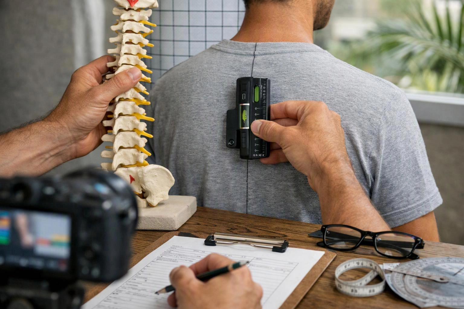 A therapist checks a man's back with a level while holding a spine model and paperwork on a table