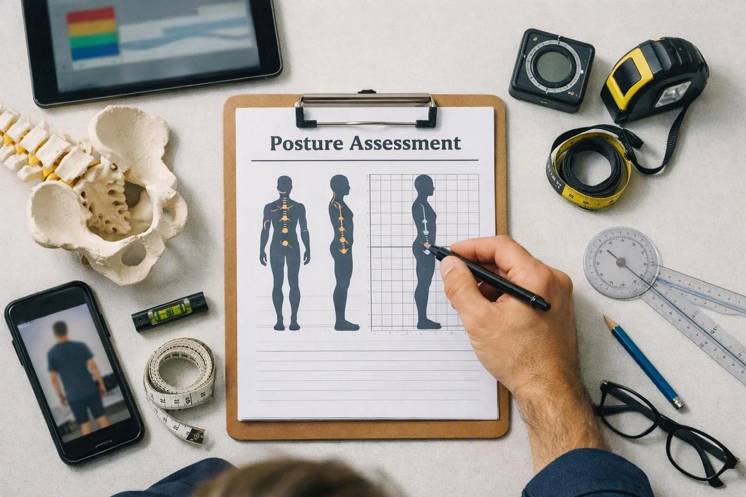 A hand marks a posture assessment sheet on a clipboard, surrounded by measuring tools and body model images