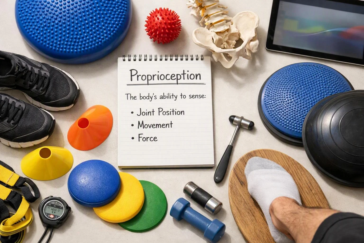 A tabletop shows a notebook labeled “Proprioception” surrounded by exercise tools, shoes, and a foot on a wooden board