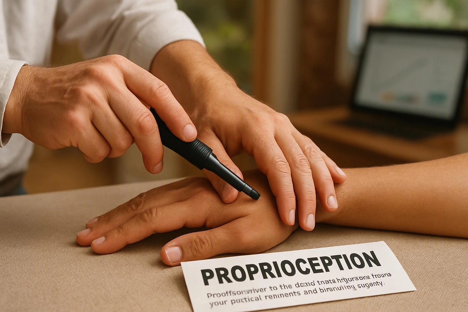 A person touches another wrist with a small black tool on a table beside a card labeled “PROPRIOCEPTION”
