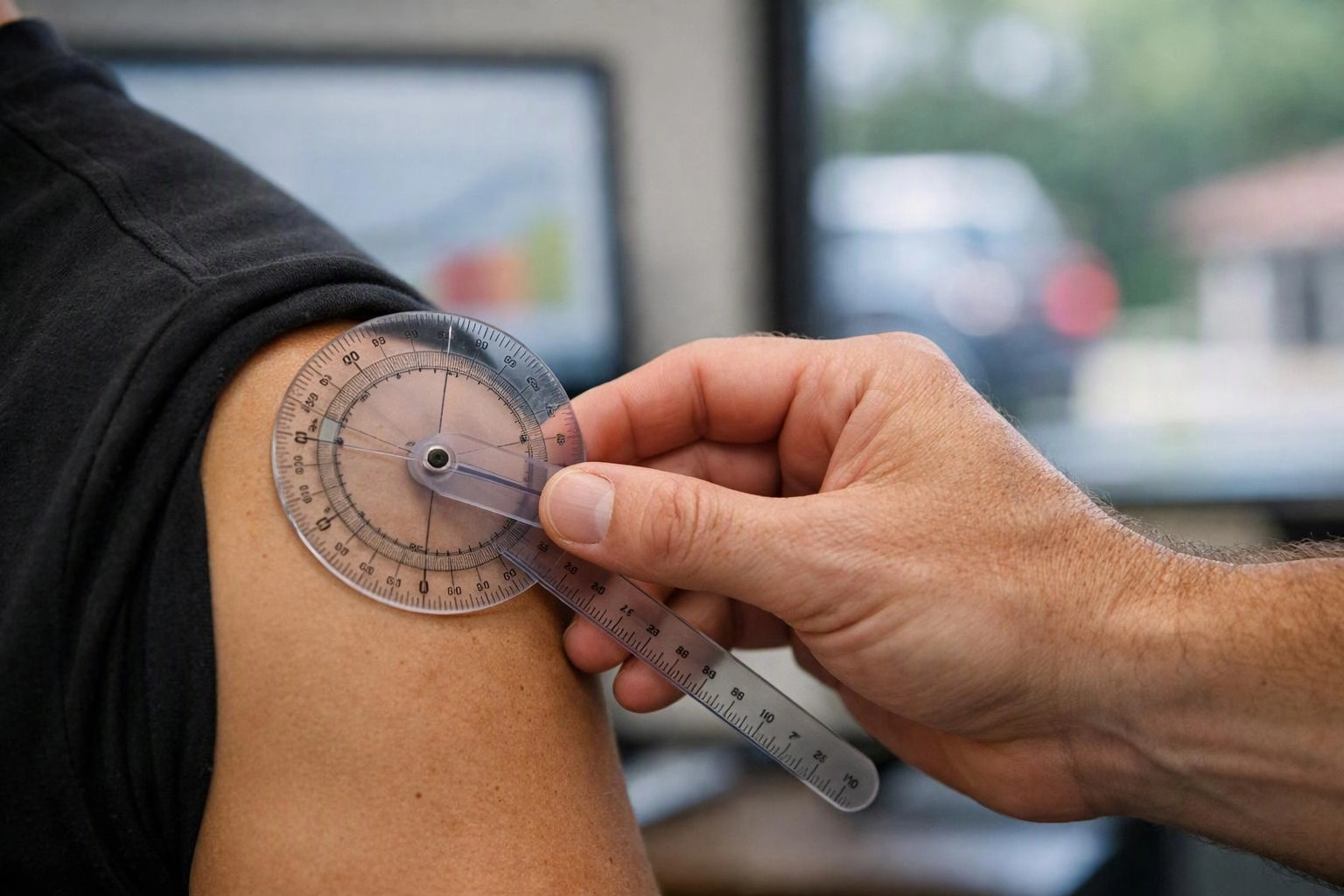 A hand measures shoulder joint movement with a clear protractor on a person’s upper arm indoors