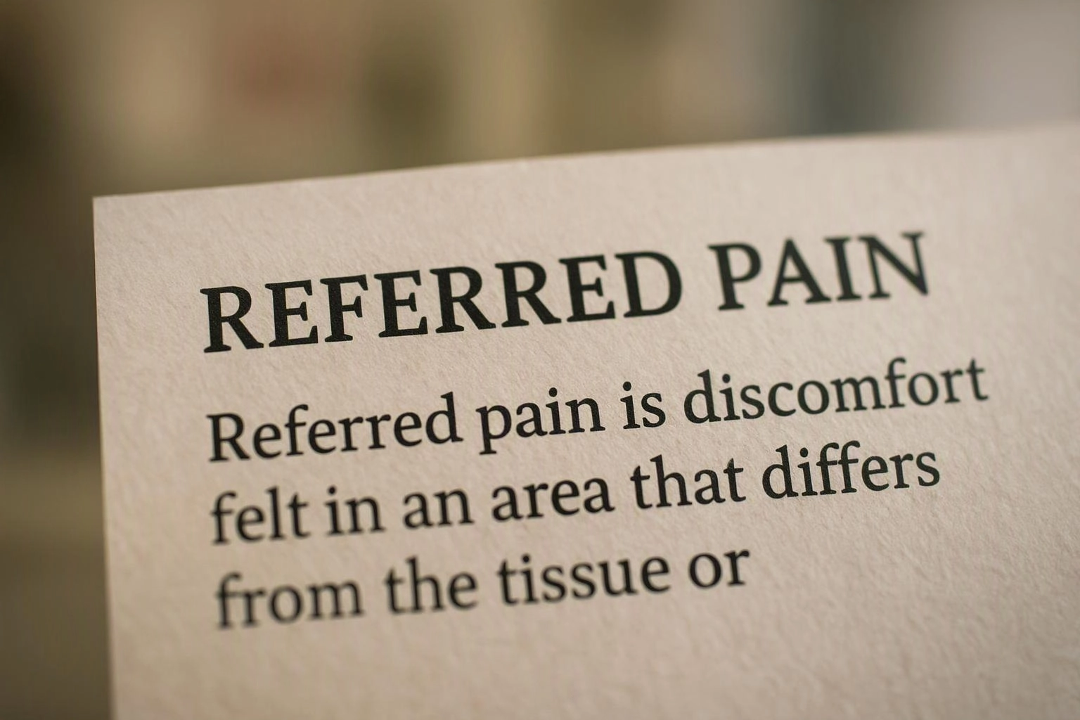 A close-up of a printed page shows the heading “REFERRED PAIN” and body text on paper