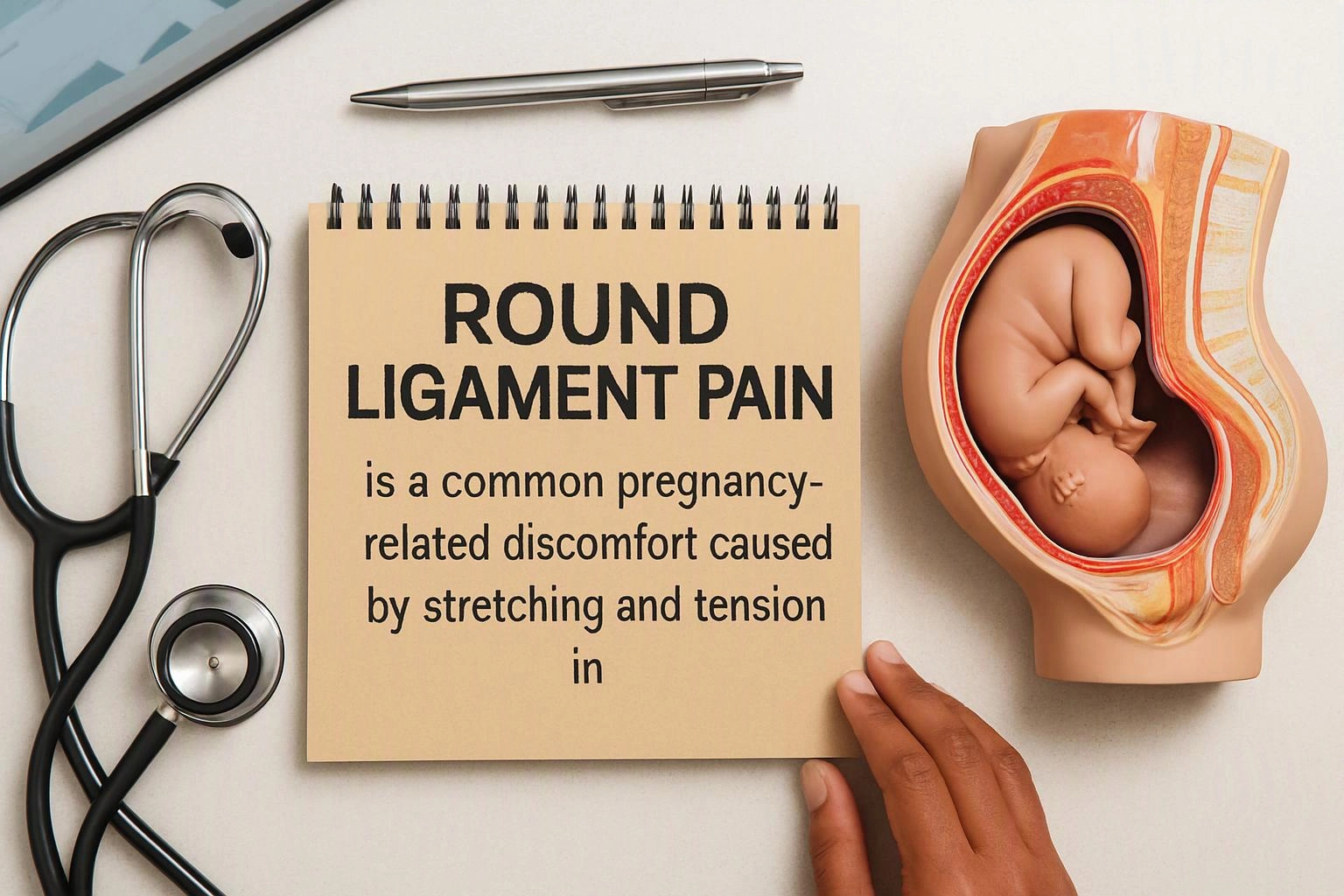 A hand holds a notepad about round ligament pain beside a stethoscope, pen, and pregnancy model
