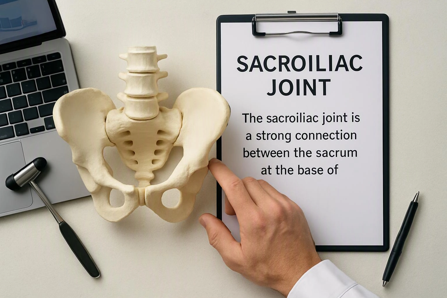A hand points to a pelvis model beside a clipboard labeled “SACROILIAC JOINT” on a desk with a laptop and pen