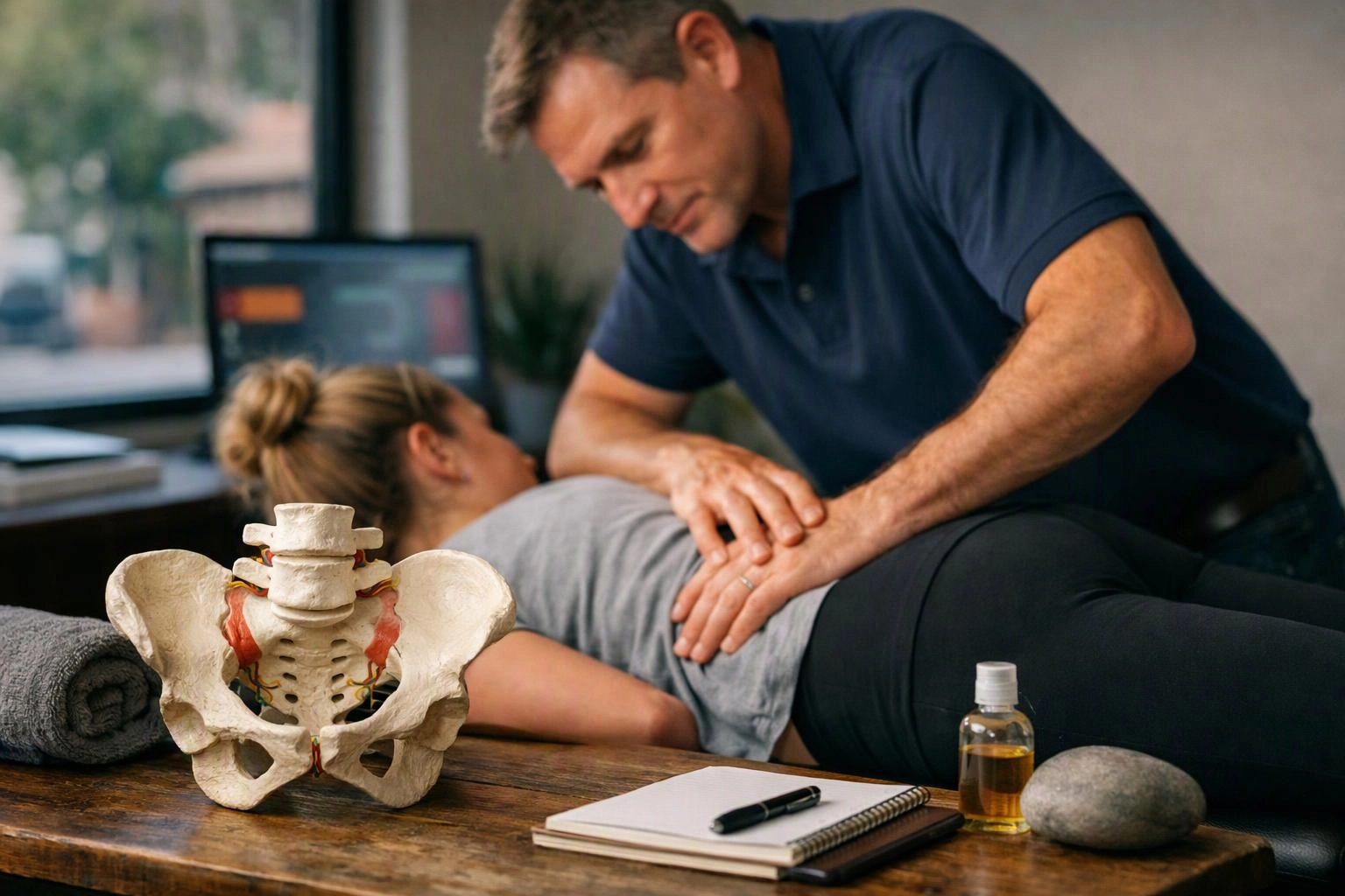 A therapist presses on a woman’s lower back while a pelvis model, notebook, towel, bottle, and stone sit on a table