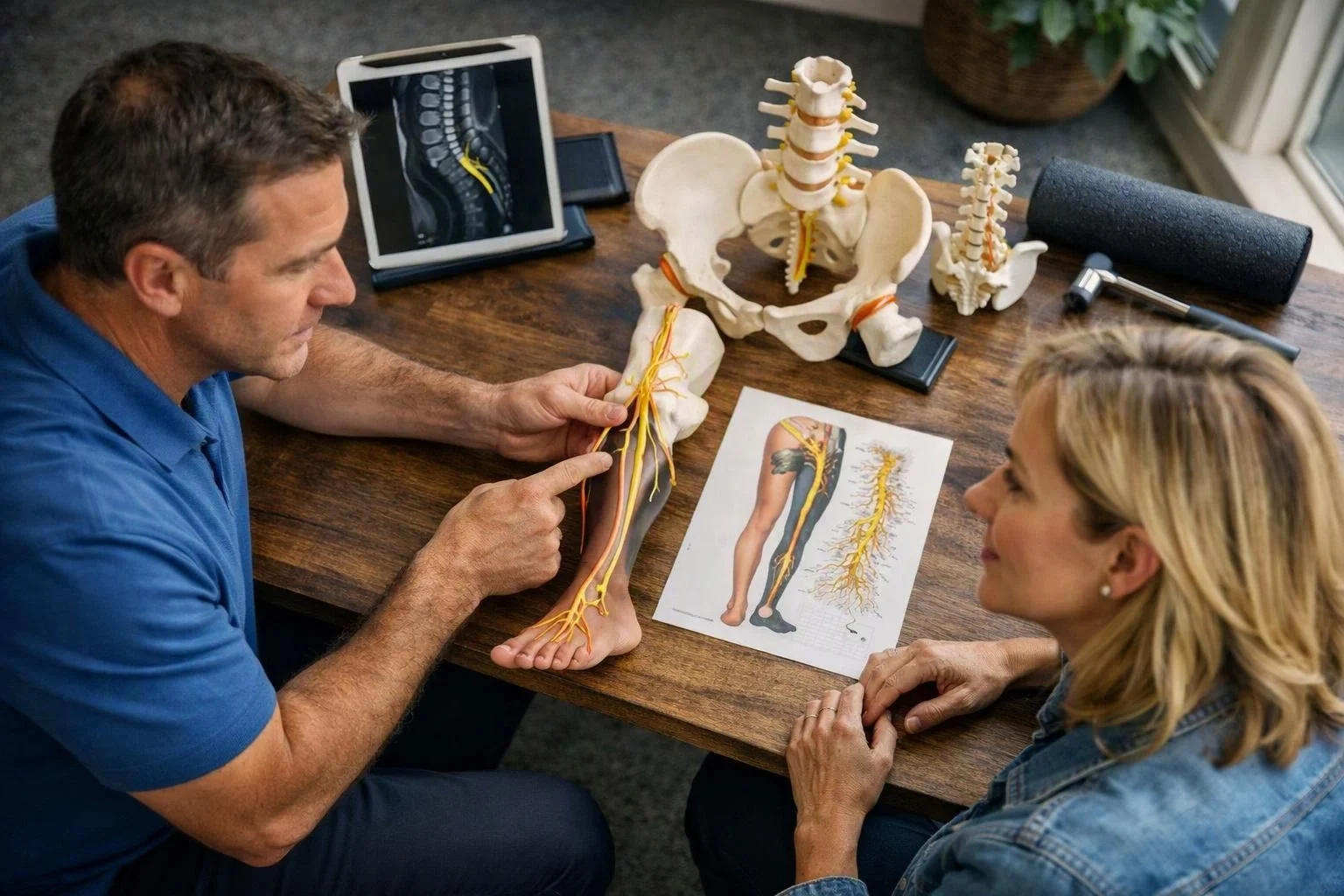 A man points to a leg nerve model while a woman watches across a table with spine models and an X-ray tablet