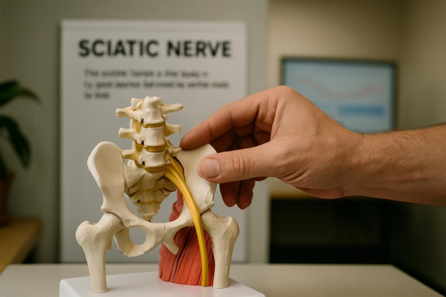 A hand points at a pelvis and spine model beside a blurry sciatica nerve poster