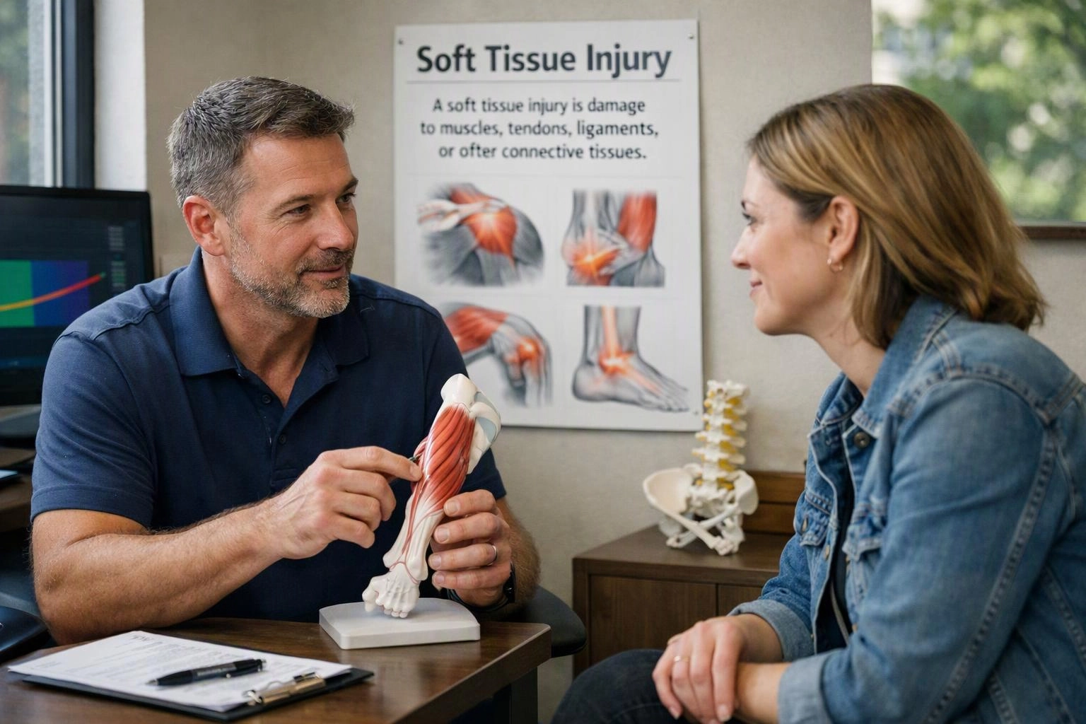 A man shows a woman a muscle model in an exam room with a soft tissue injury poster behind them
