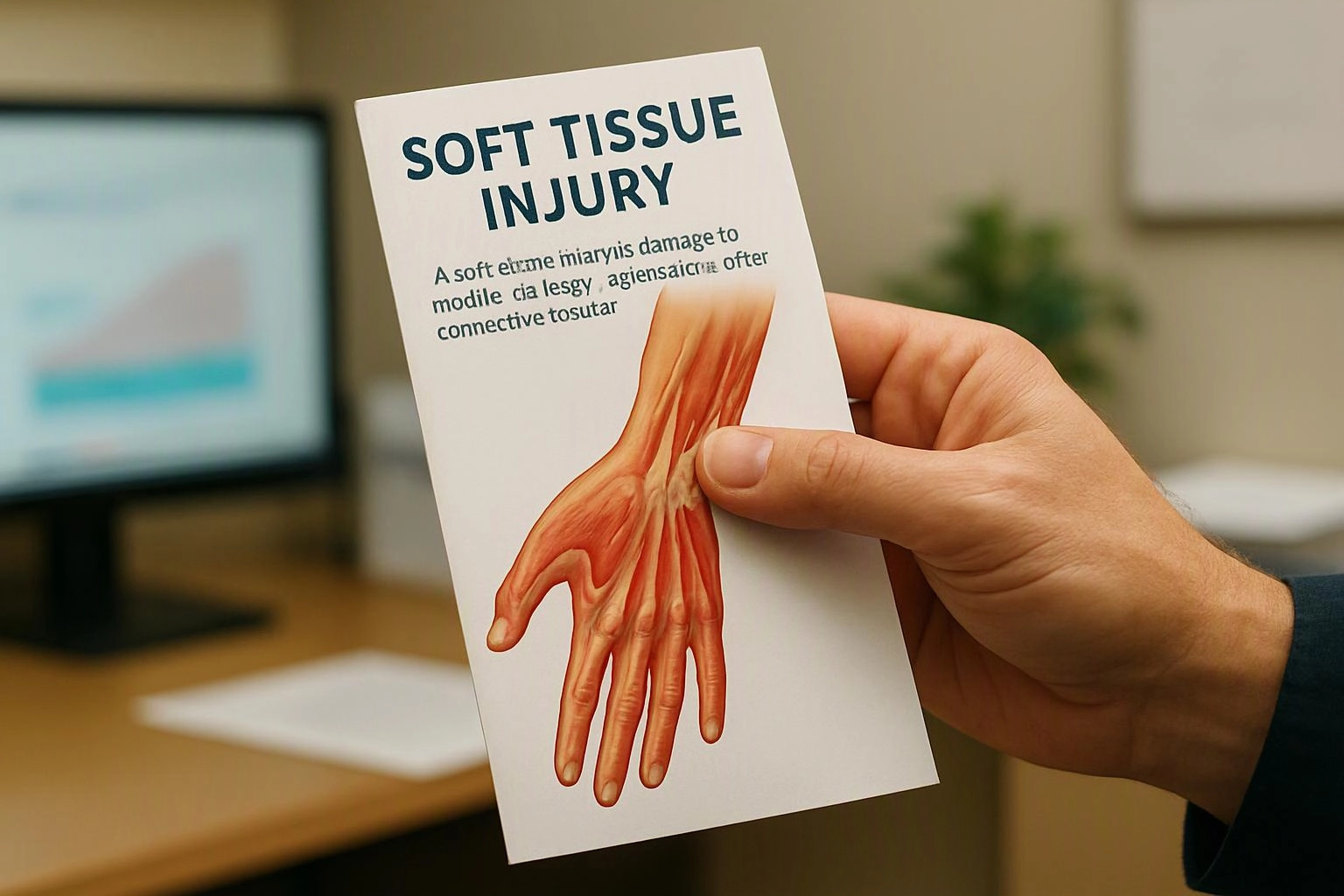 A hand holds a pamphlet about soft tissue injury with an illustrated hand in an office setting