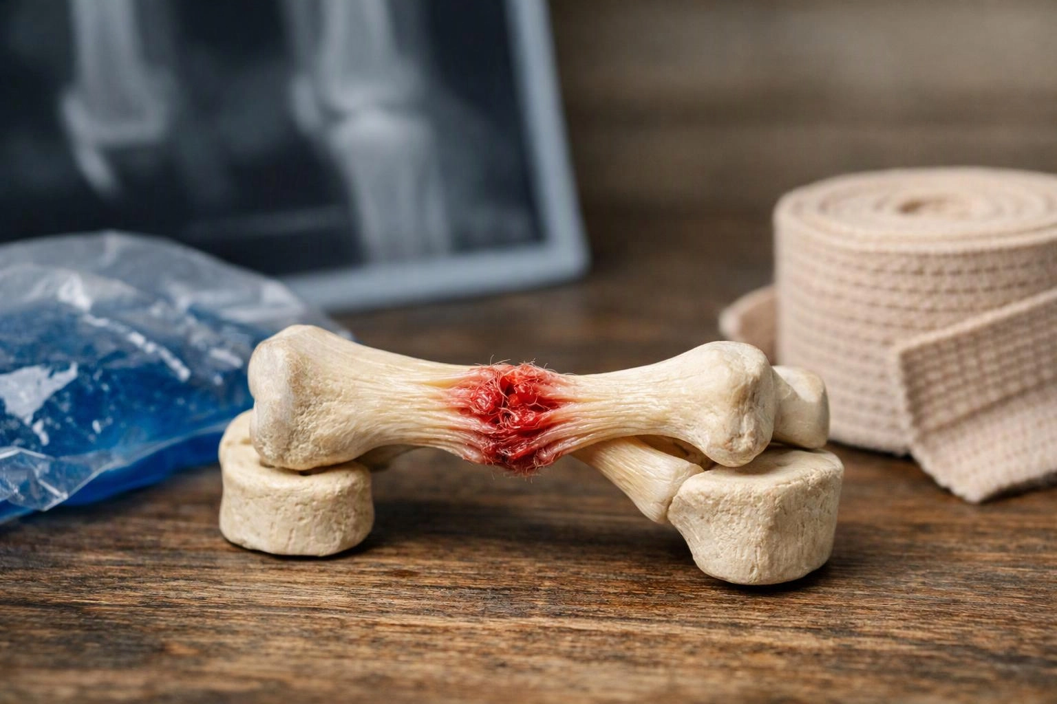 A cracked bone model sits on a wooden table beside a blue ice pack and rolled beige bandage