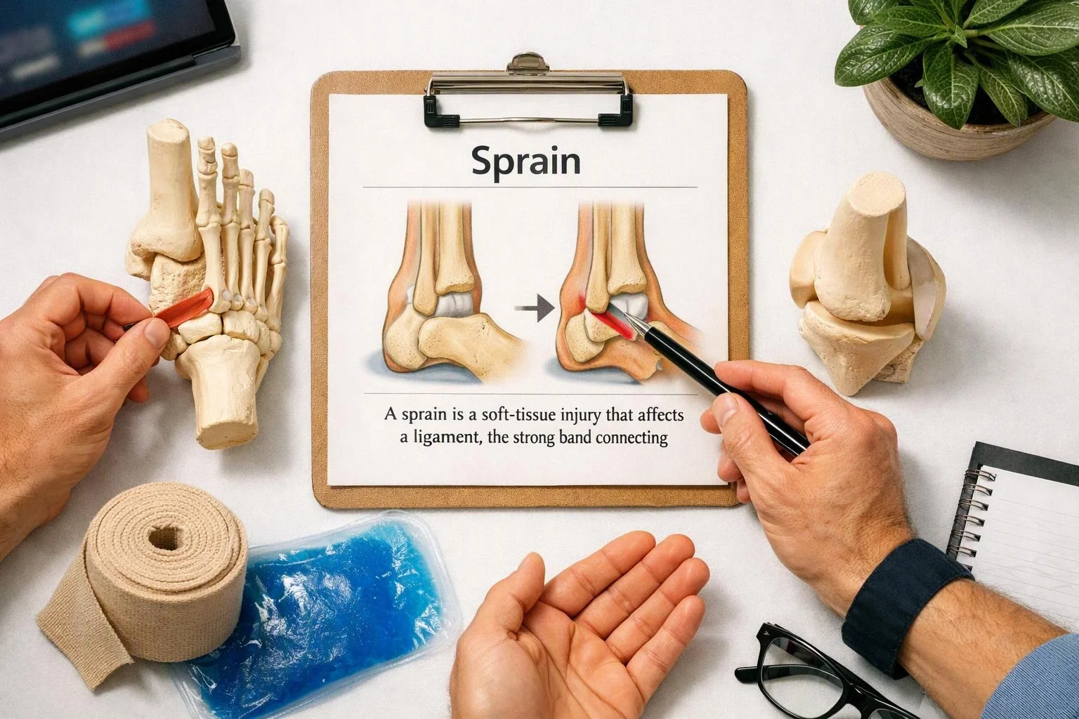 Hands point at ankle bone models and a sprain chart on a clipboard, with bandage and ice pack nearby