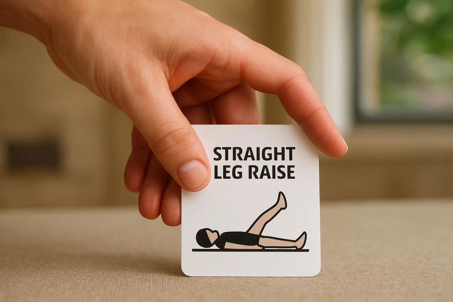 A hand holds a card showing a straight leg raise exercise illustration on a tabletop