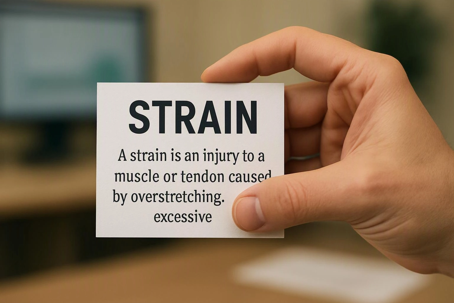 A hand holds a card labeled “STRAIN” with a brief definition, against a blurred indoor background