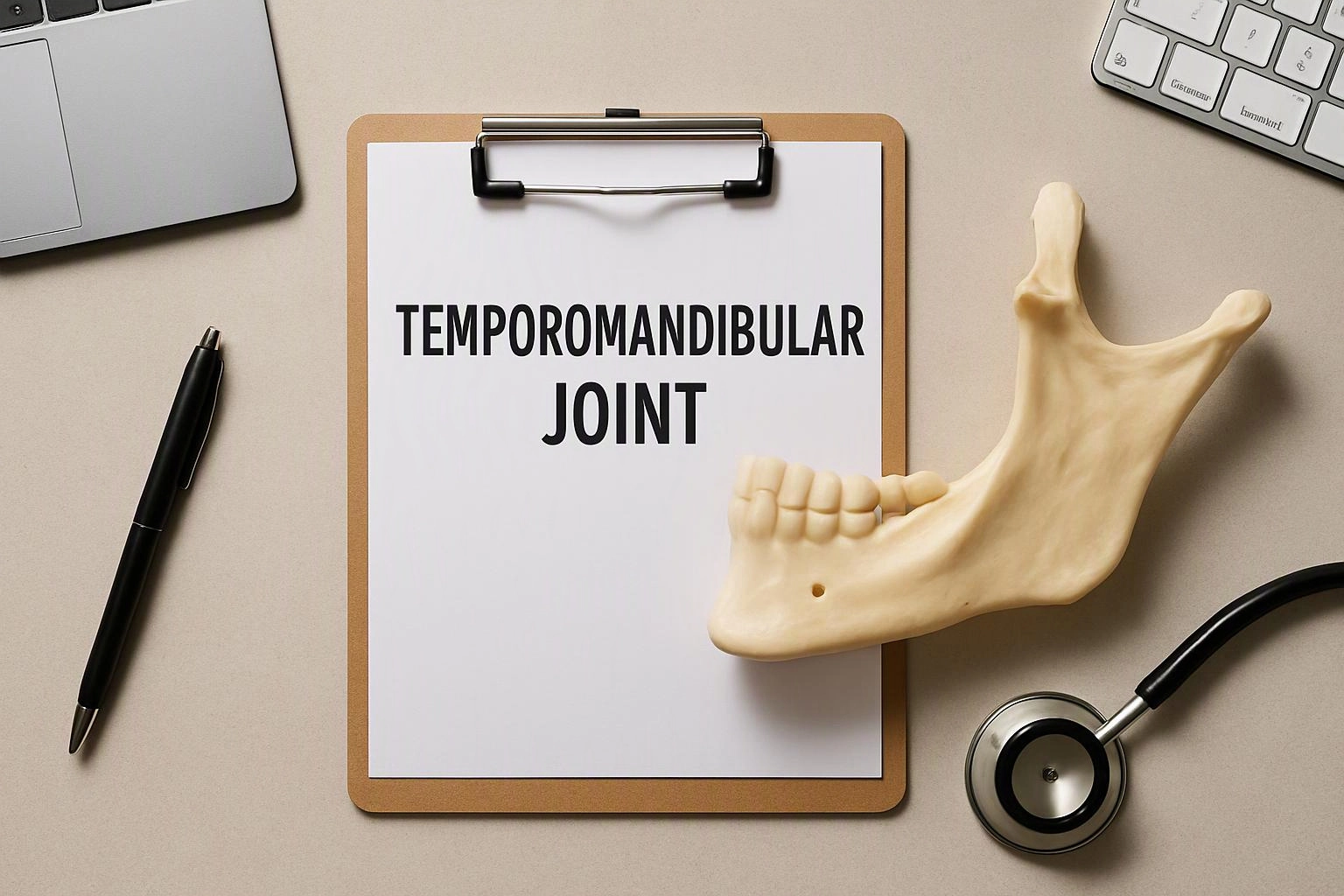 Clipboard with “TEMPOROMANDIBULAR JOINT” beside a jawbone model, pen, keyboard, laptop corner, and stethoscope on a desk